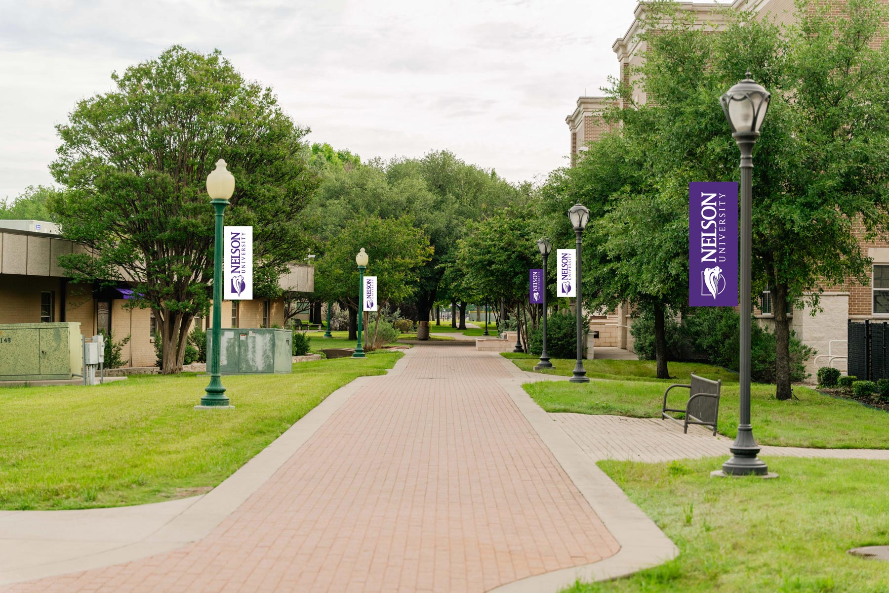 East walkway with Nelson lamp post banners installed