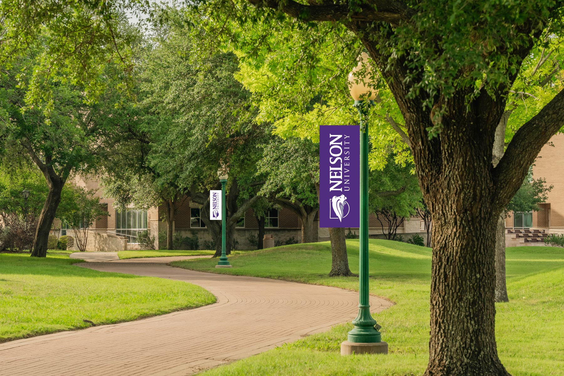 Curving oak path with Nelson lamp post banners installed